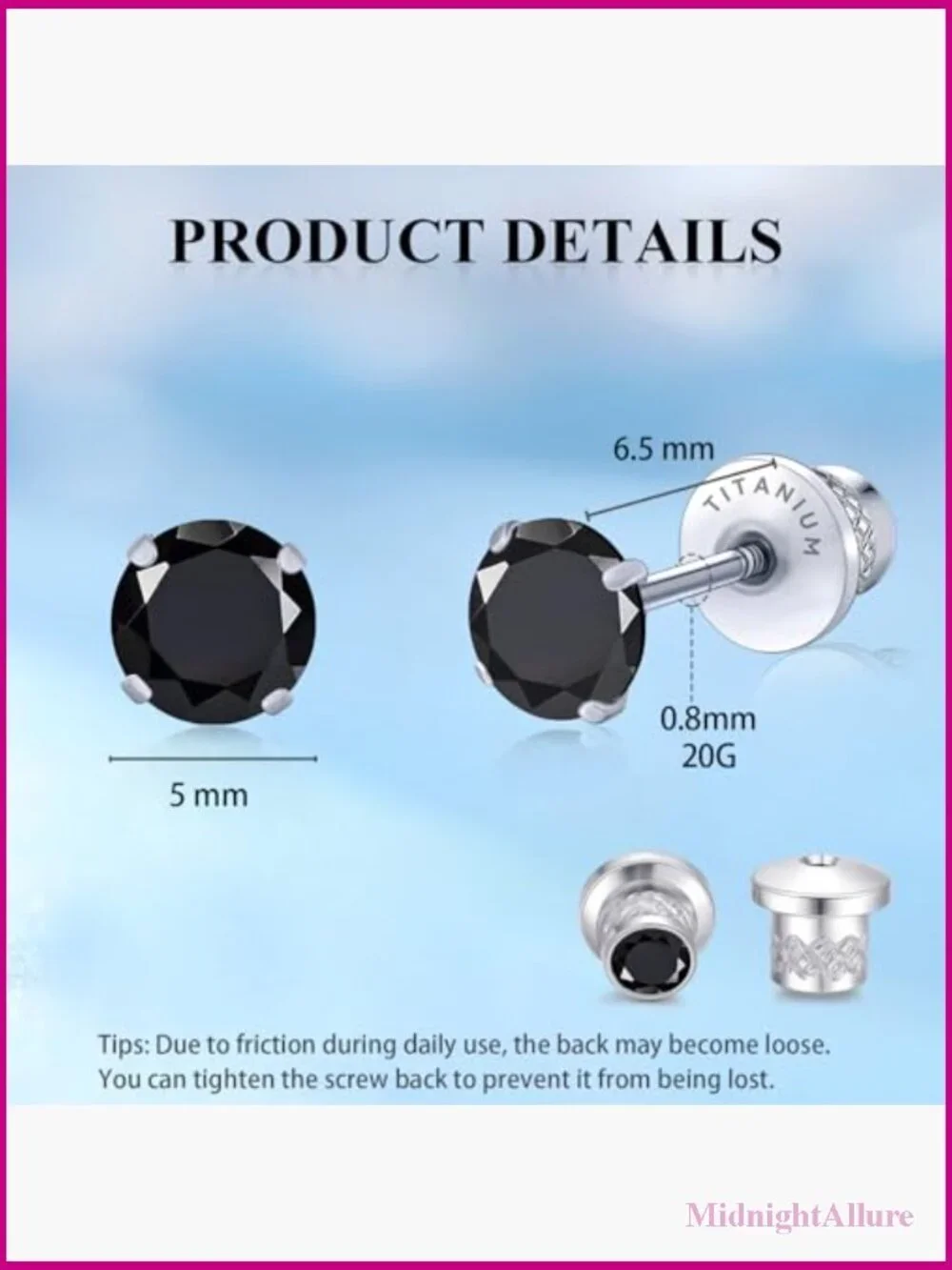 Hypoallergenic Titanium Screw Back Stud Earrings Tragus Helix Cartilage